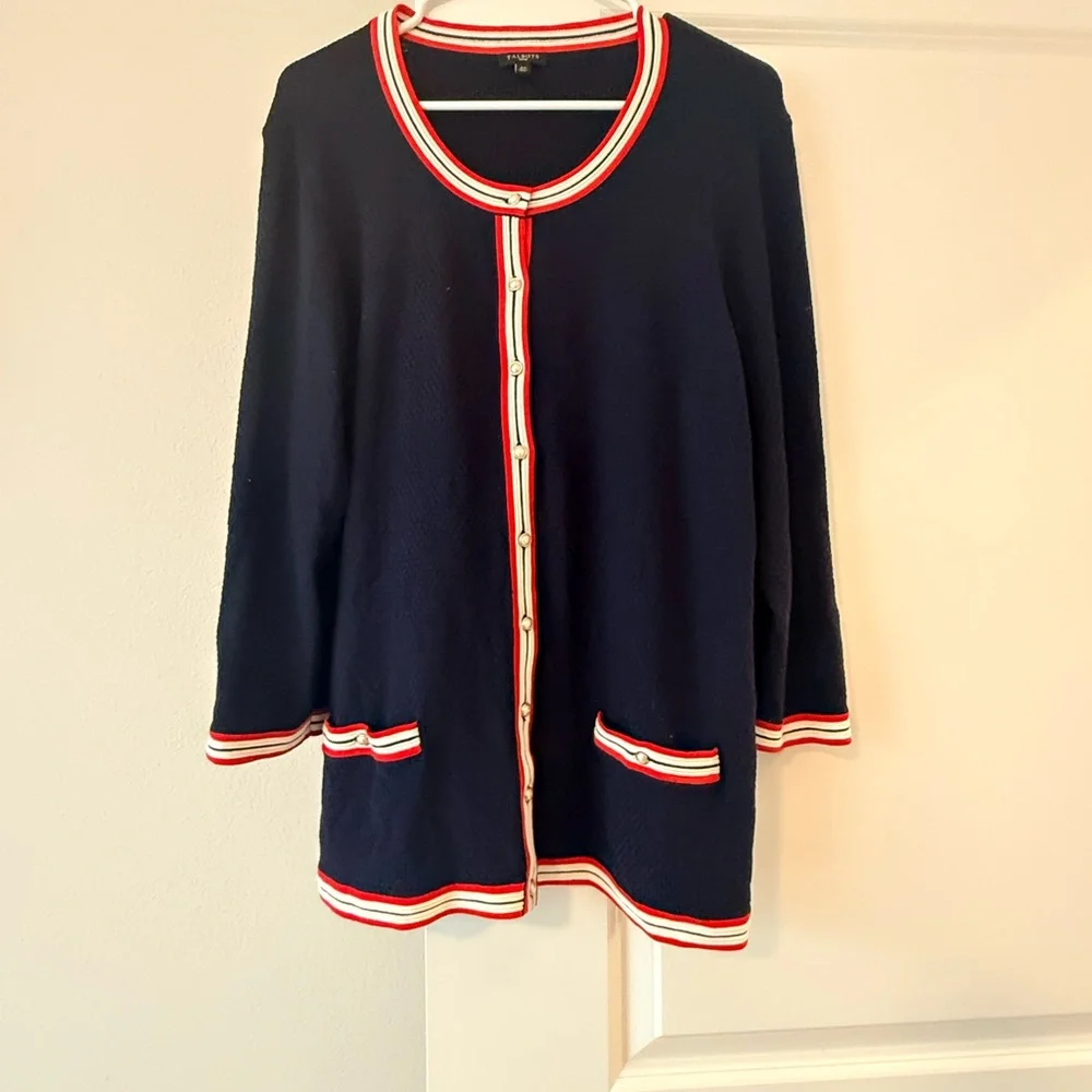 Talbots Navy Cardigan with Red and White Trim - Picture 5 of 8